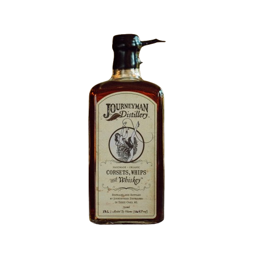 Bottle of Journeyman Distillery Corsets Whips whiskey on a white background