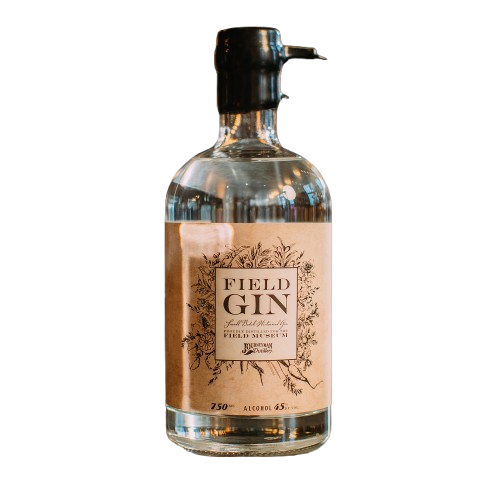 Bottle of Field Gin with a label on a white background