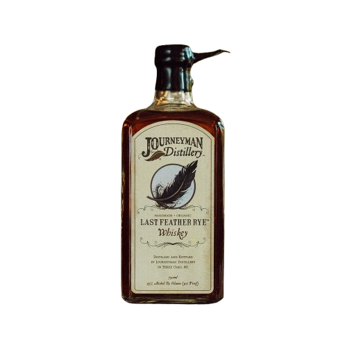 Bottle of Journeyman Distillery Last Feather Rye Whiskey on a white background