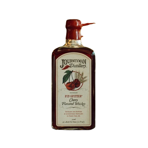 Bottle of Journeyman Distillery Pit-Spitter Cherry Flavored Whiskey on a white background